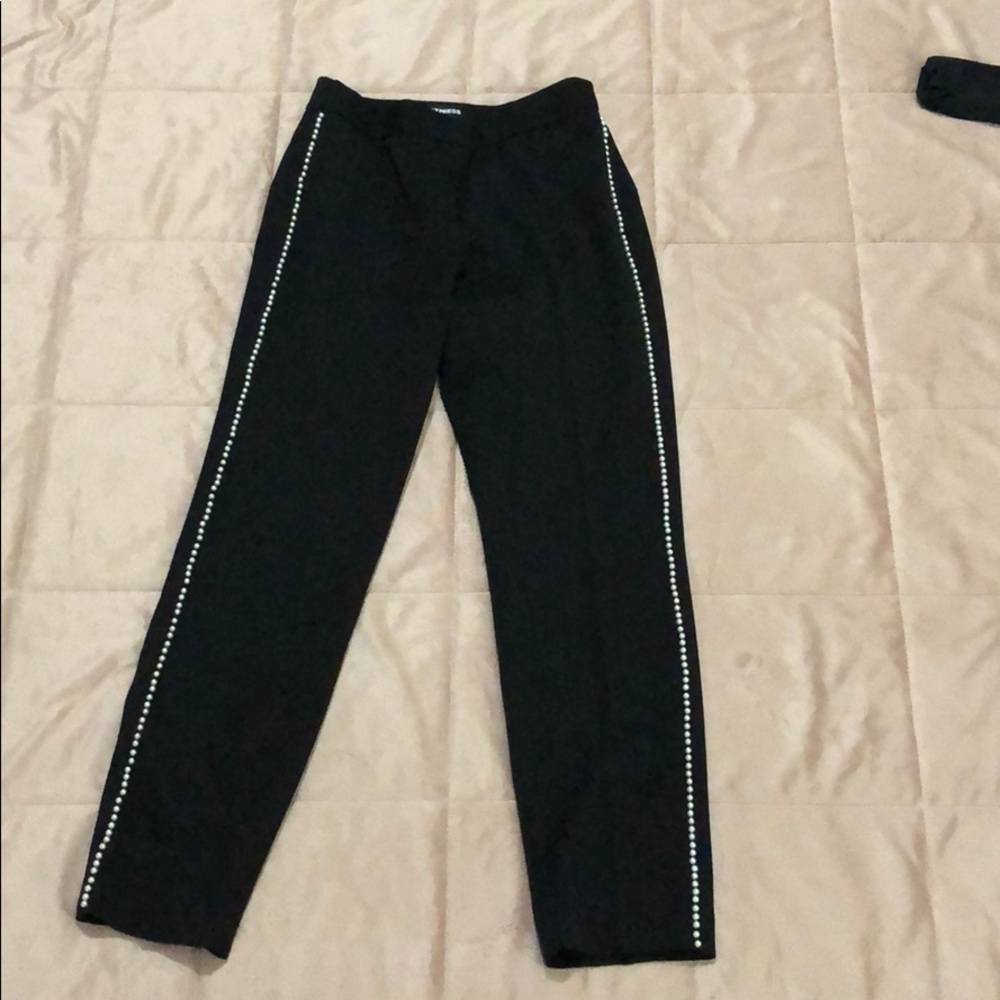 Black Ankle Pants with Pearl Beading on each side